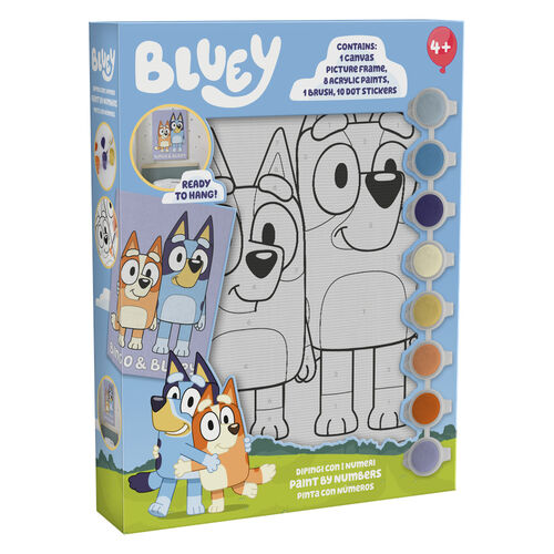 Pinta con numeros en lienzo + acuarelas Bluey